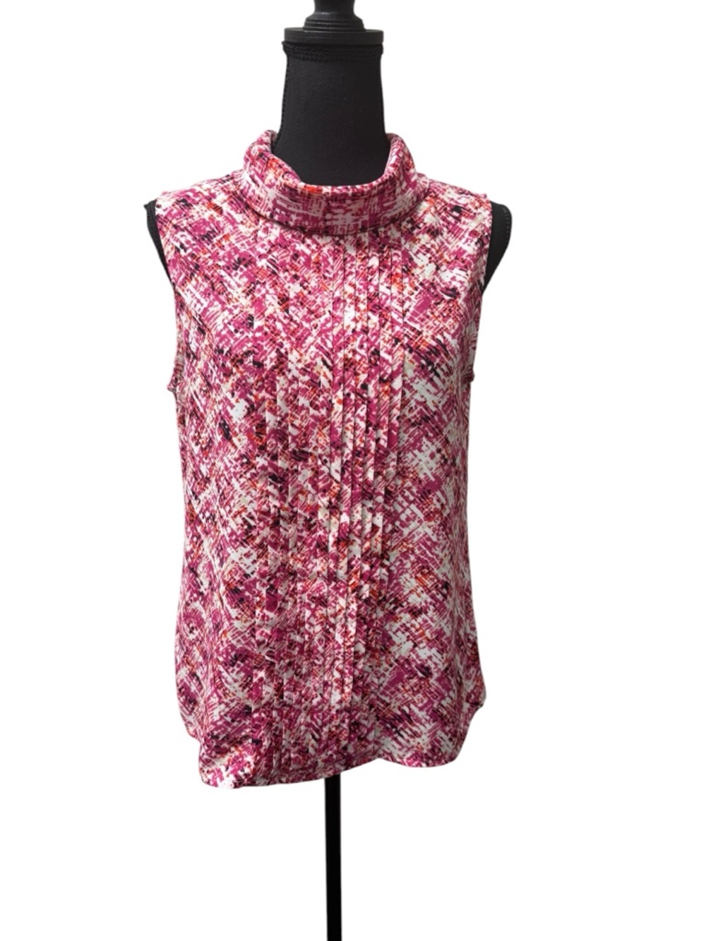Karl Lagerfeld Pink Print Sleeveless Blouse S Pleated High Neck Chic Top